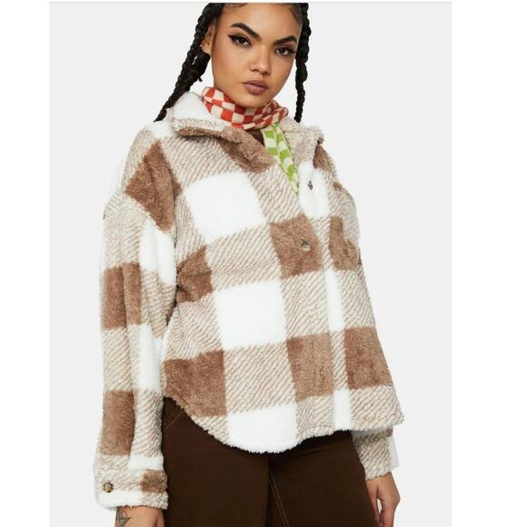 Le Lis Fuzzy Shacket Sweater Coat Cozycore Boho Aesthetic Brown/White Check Sz L - Picture 10 of 10